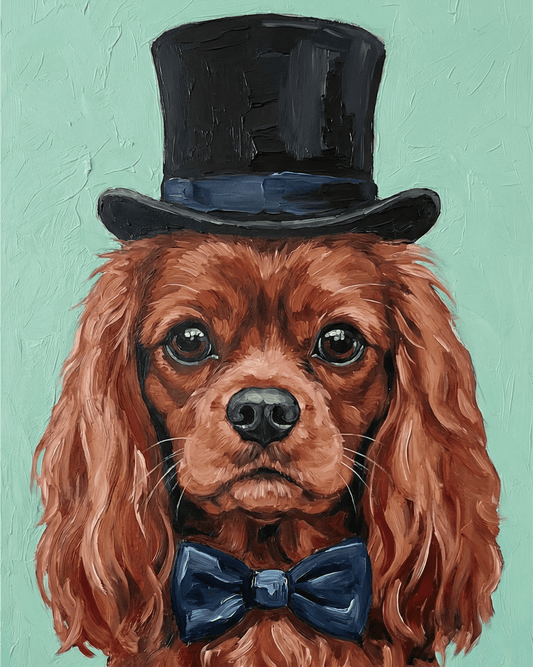 Dog wearing a top hat and bow tie on a teal background