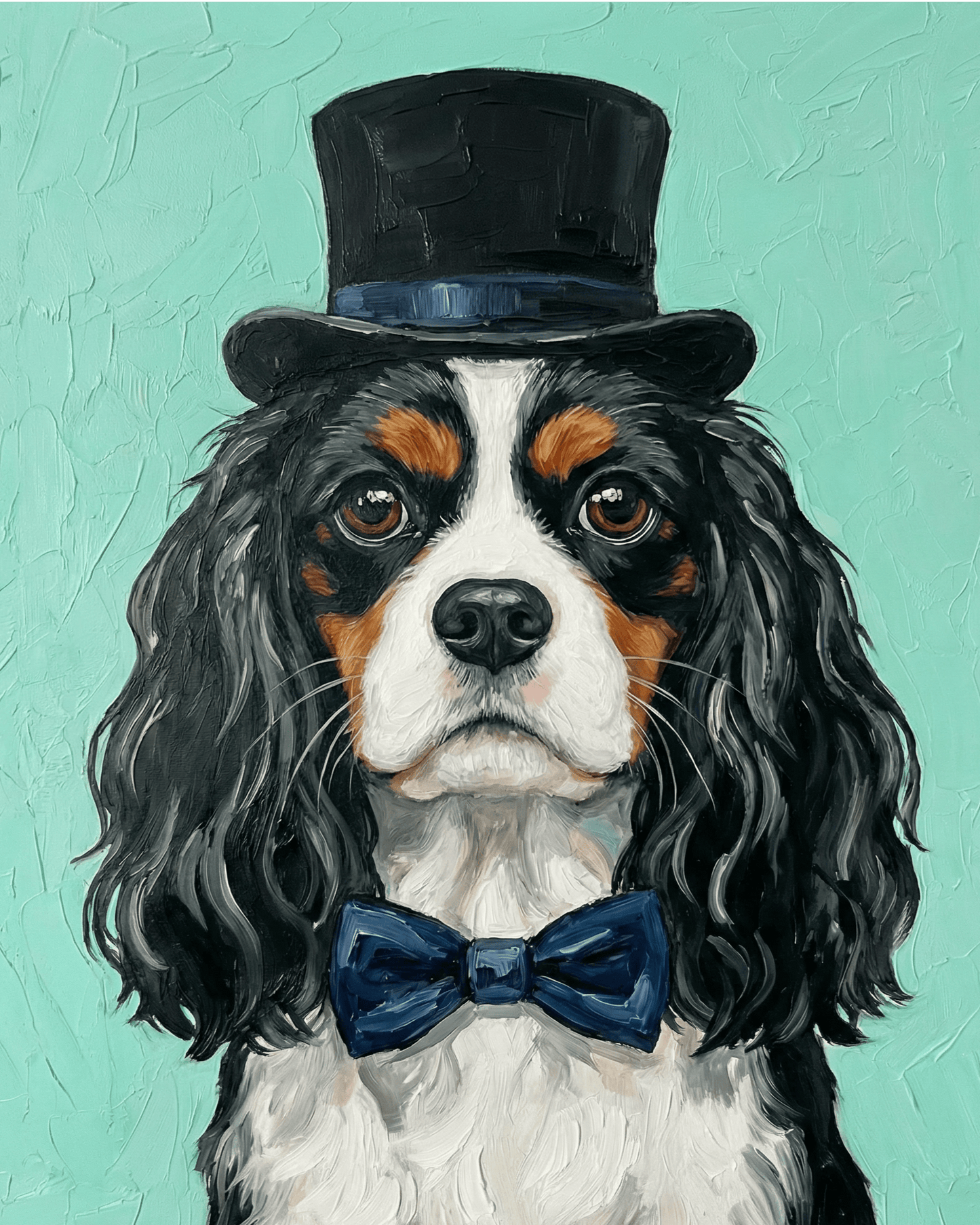 Dog wearing a top hat and bow tie on a teal background