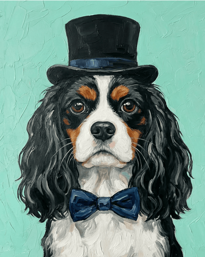 Dog wearing a top hat and bow tie on a teal background