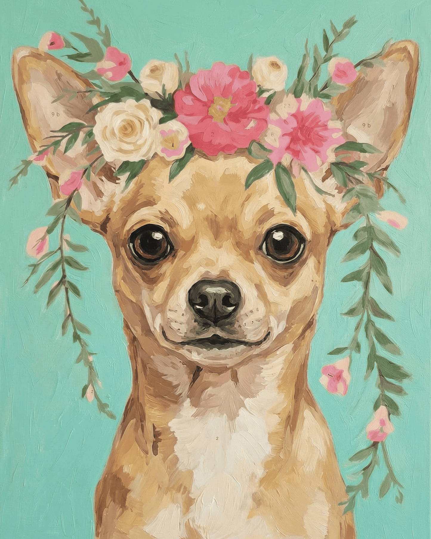 Illustration of a chihuahua with floral crown on a teal background