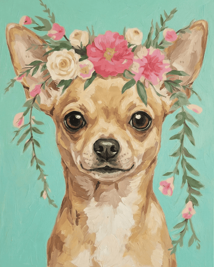 Illustration of a chihuahua with floral crown on a teal background