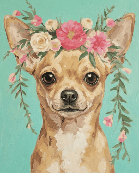 Illustration of a chihuahua with floral crown on a teal background