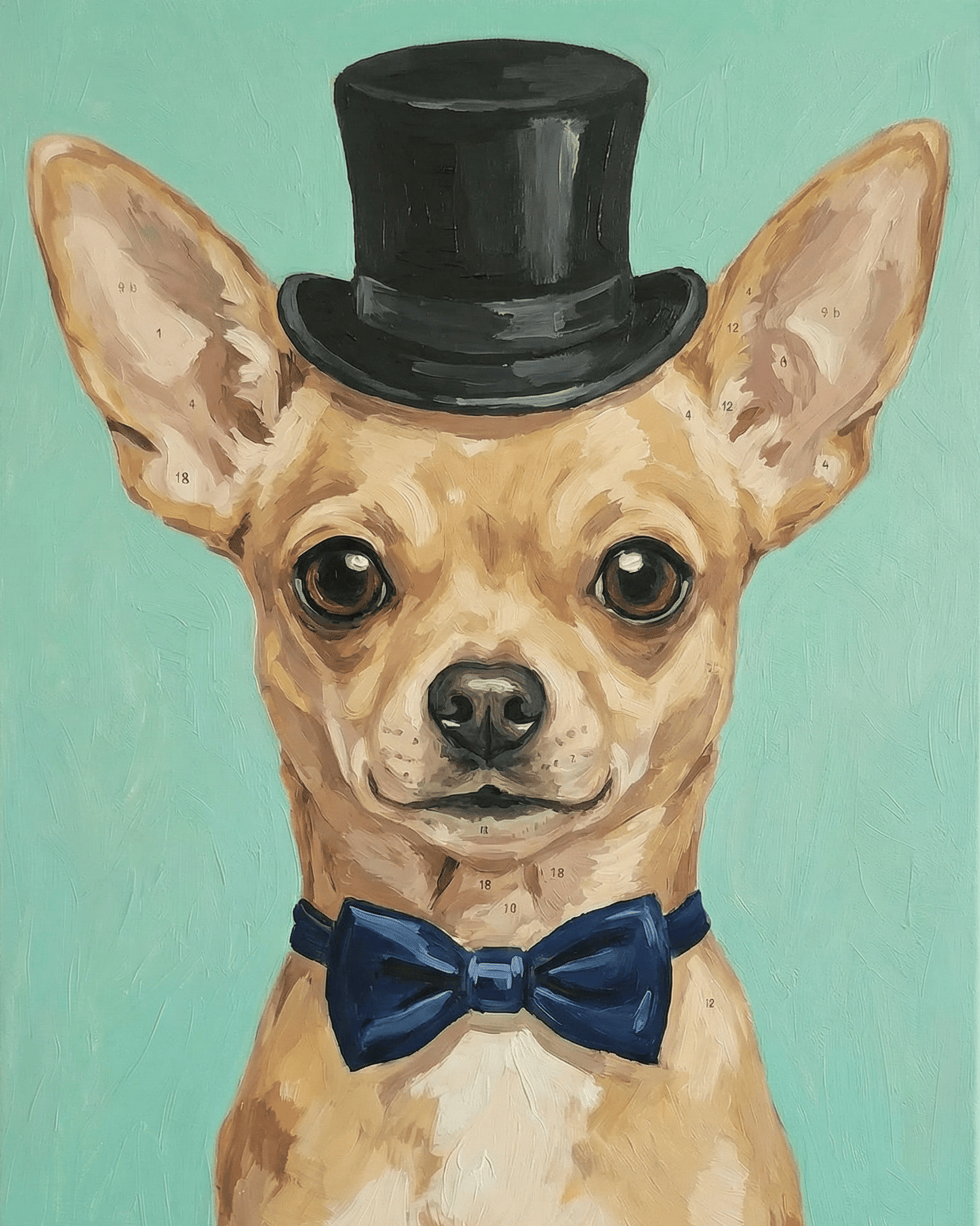 Painting of a chihuahua wearing a black top hat and blue bow tie on a teal background