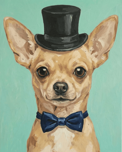 Painting of a chihuahua wearing a black top hat and blue bow tie on a teal background