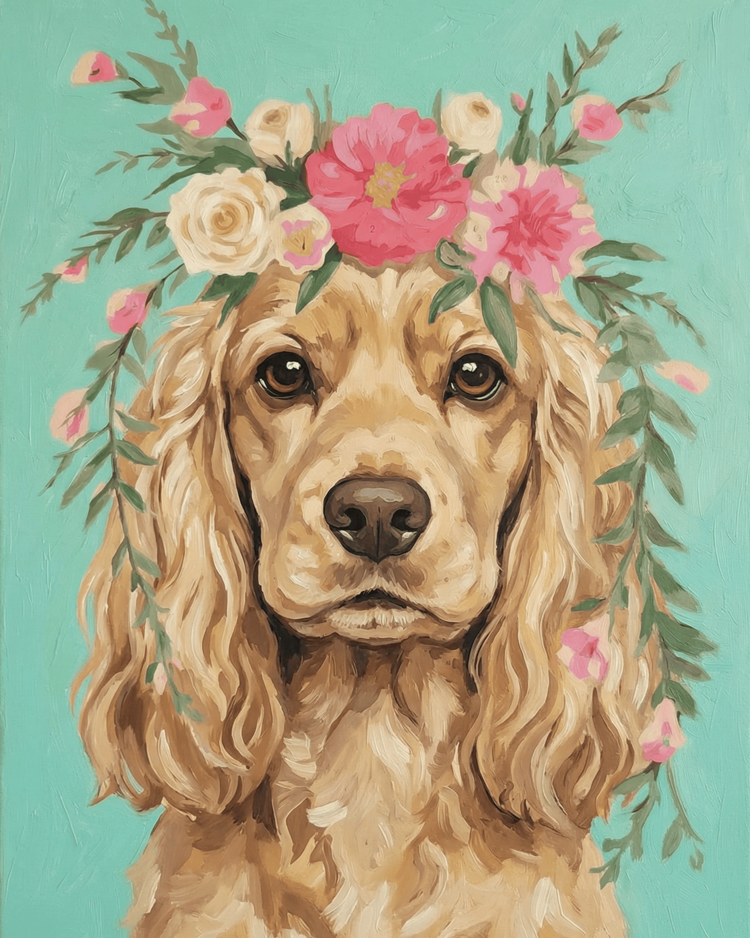 Dog cocker_spaniel with floral crown on a teal background