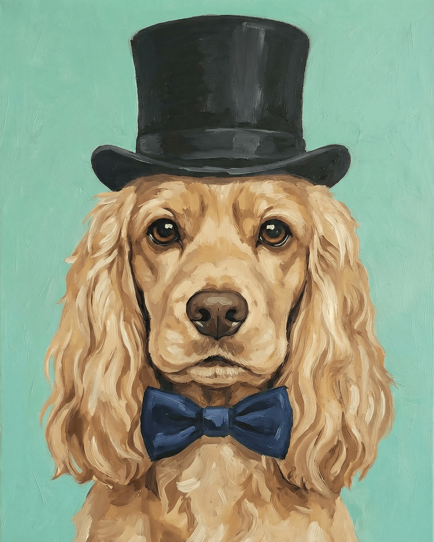 Painting of a dog wearing a top hat and bow tie on a teal background