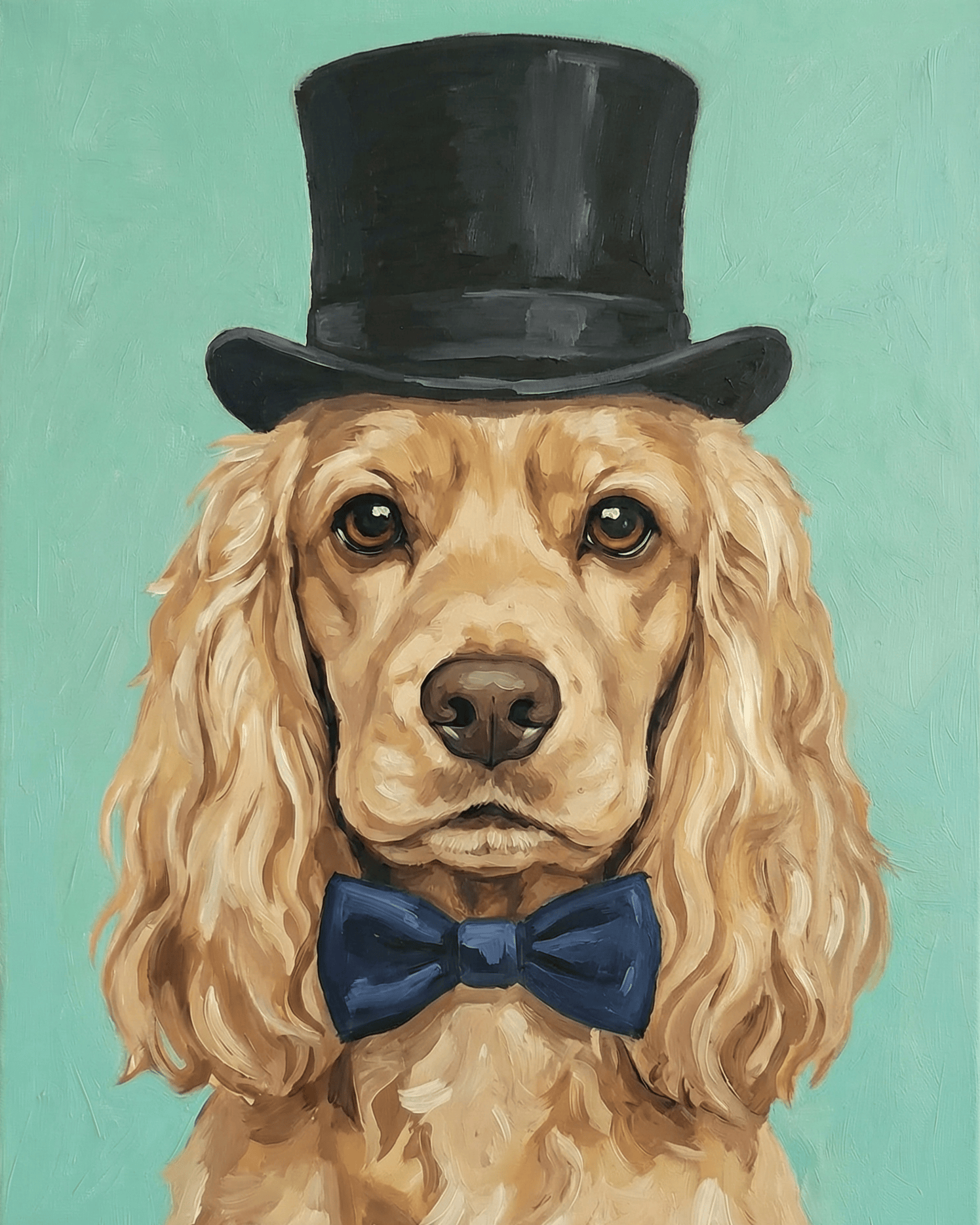 Painting of a dog wearing a top hat and bow tie on a teal background