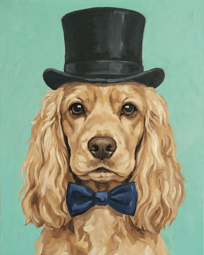 Painting of a dog wearing a top hat and bow tie on a teal background