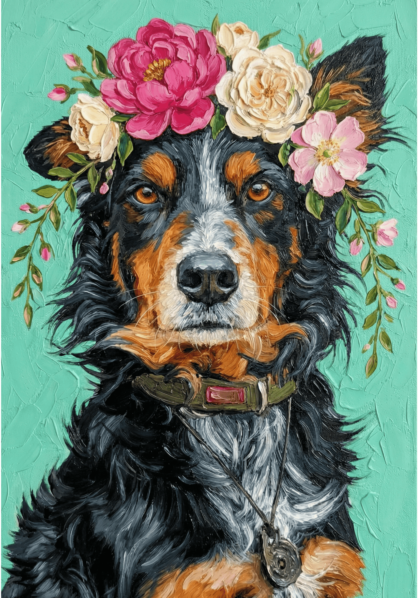 Dog with a floral crown on a teal background