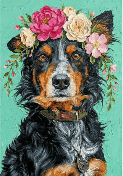 Dog with a floral crown on a teal background