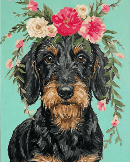 Dachshund with floral crown on a teal background