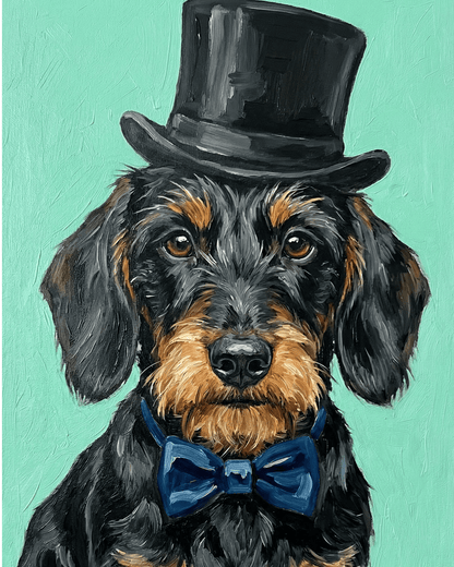 Dachshund wearing a black top hat and blue bow tie on a teal background
