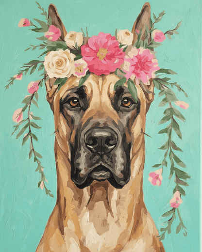 Painting of a dog with floral crown on a teal background