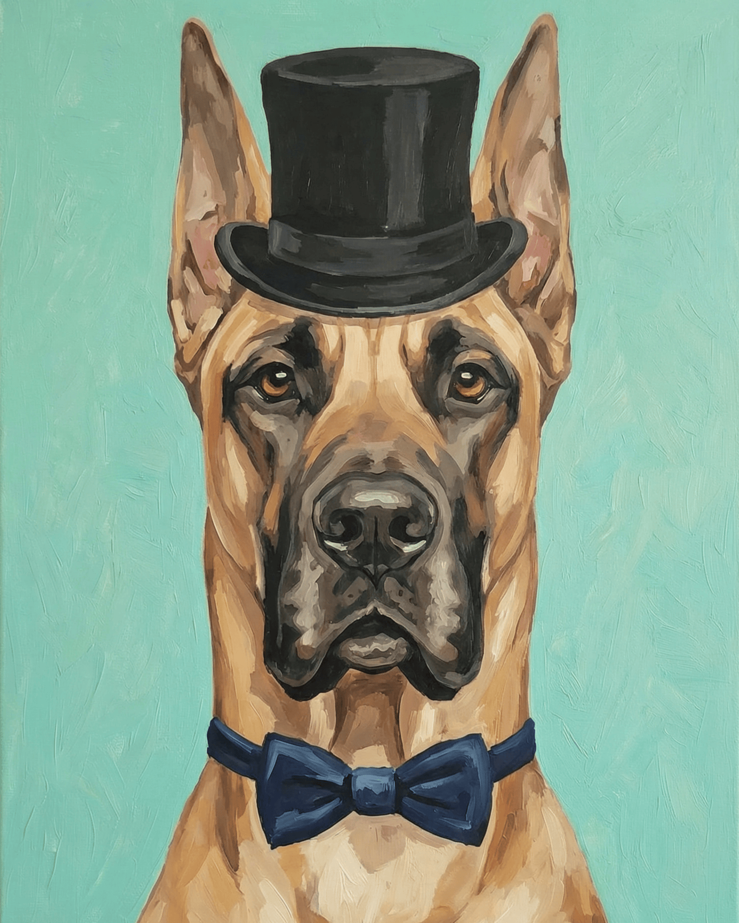 Painting of a dog great dane wearing a black top hat and blue bow tie on a teal background