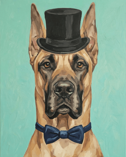 Painting of a dog great dane wearing a black top hat and blue bow tie on a teal background