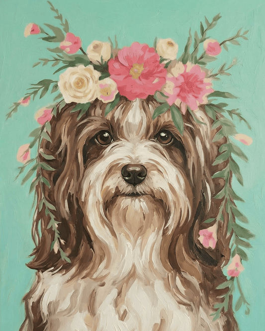 Painting of a havanese with floral crown on a teal background