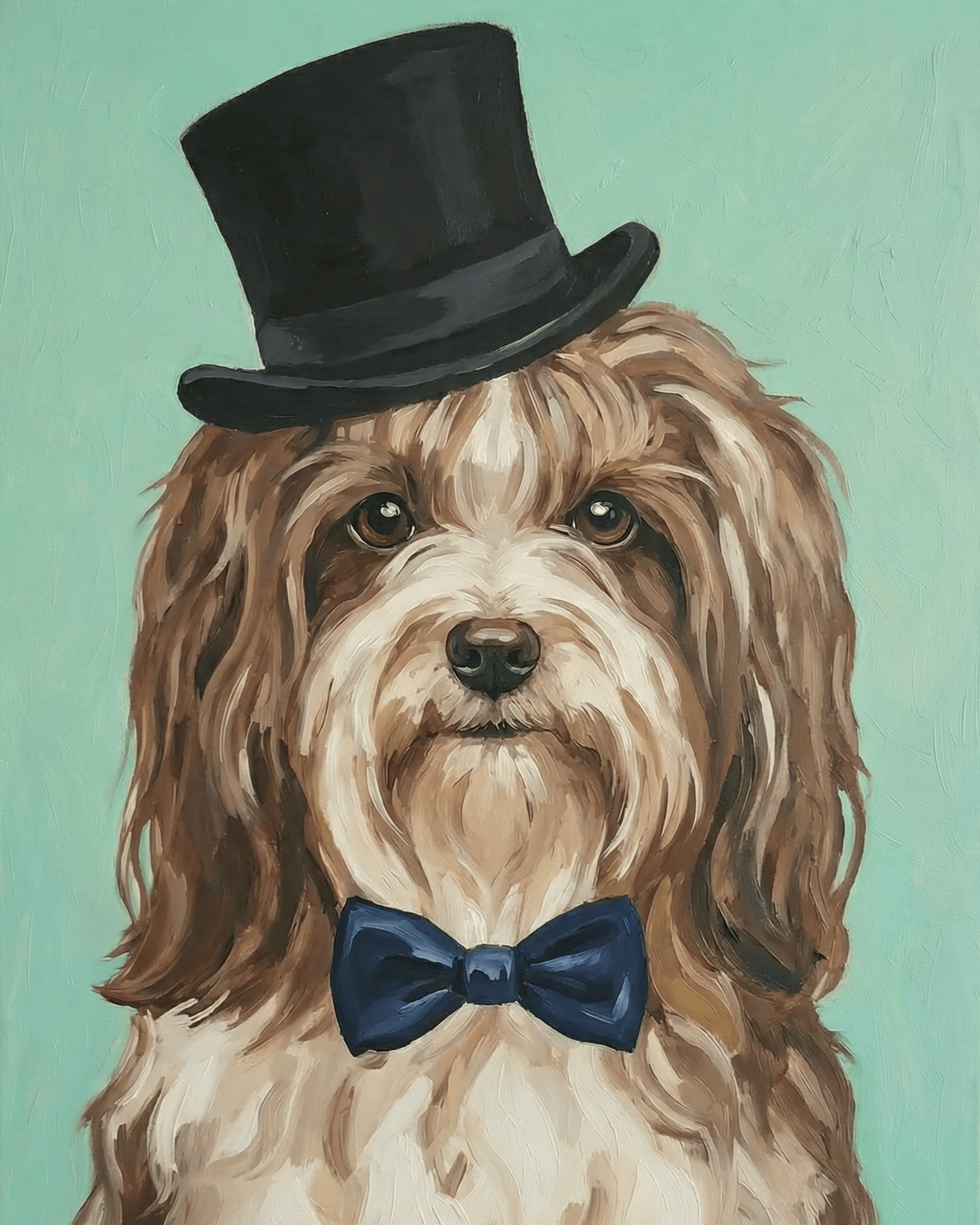 Dog havanese wearing a black top hat and blue bow tie on a teal background