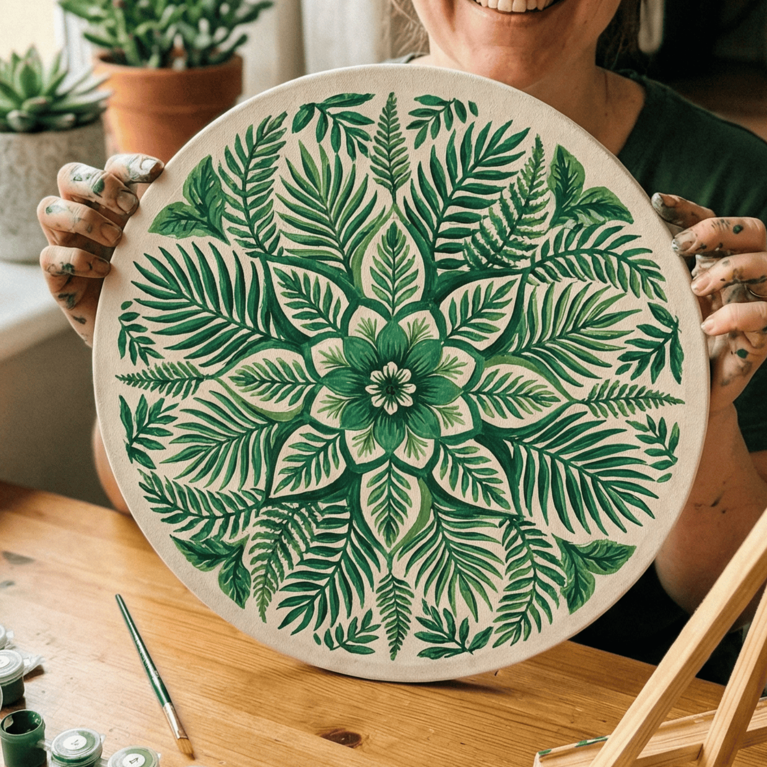 Woman holding a mandala painting with green leaves, surrounded by art supplies in a kitchen.