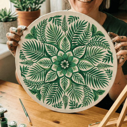 Woman holding a mandala painting with green leaves, surrounded by art supplies in a kitchen.