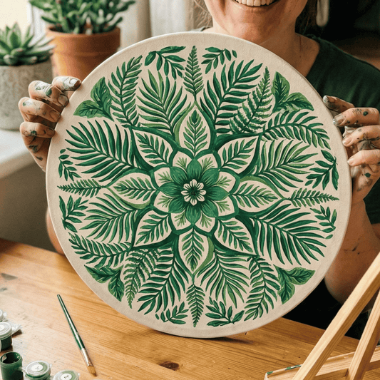 Woman holding a mandala painting with green leaves, surrounded by art supplies in a kitchen.