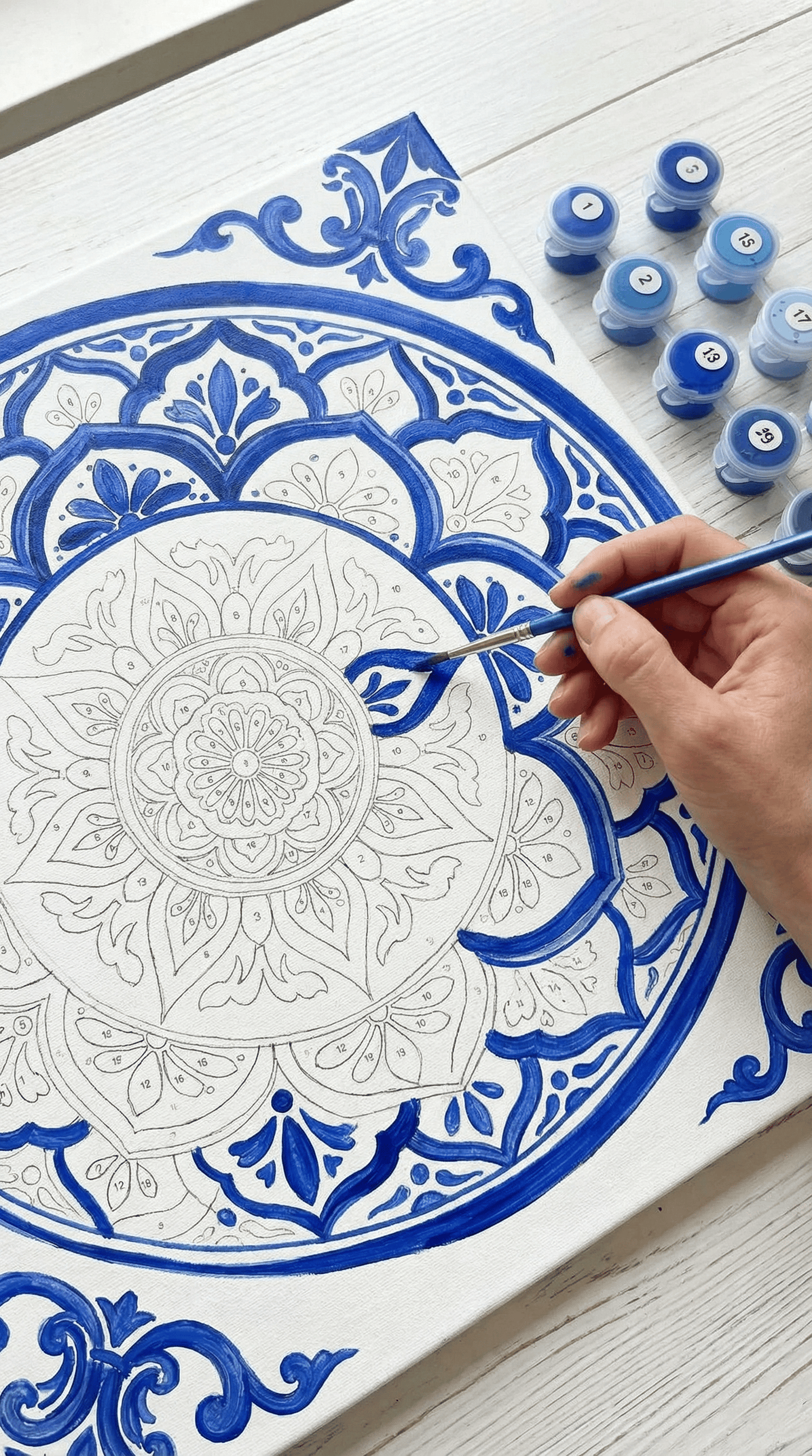 "Serenity Mandalas" Series - Azure Porcelain | Original Paint by Numbers (40×40cm)