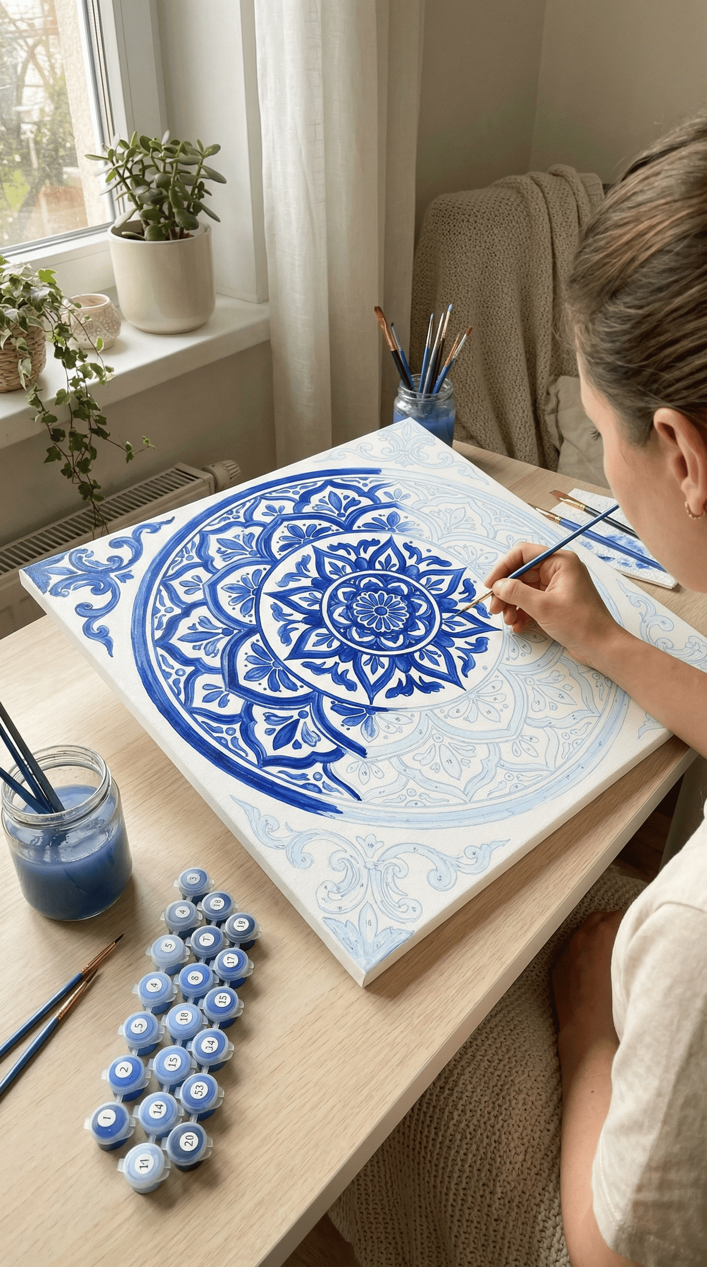 "Serenity Mandalas" Series - Azure Porcelain | Original Paint by Numbers (40×40cm)