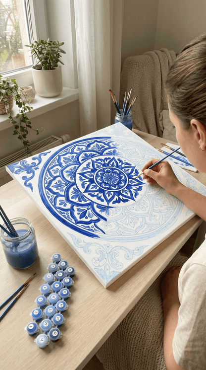 "Serenity Mandalas" Series - Azure Porcelain | Original Paint by Numbers (40×40cm)