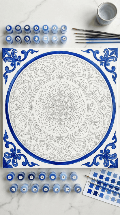 "Serenity Mandalas" Series - Azure Porcelain | Original Paint by Numbers (40×40cm)