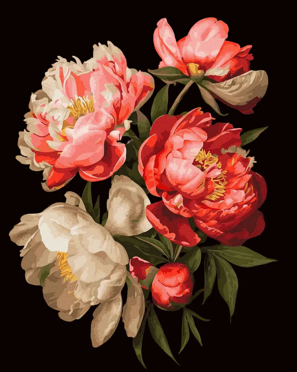 Colorful floral arrangement with red, pink, and white flowers on a black background