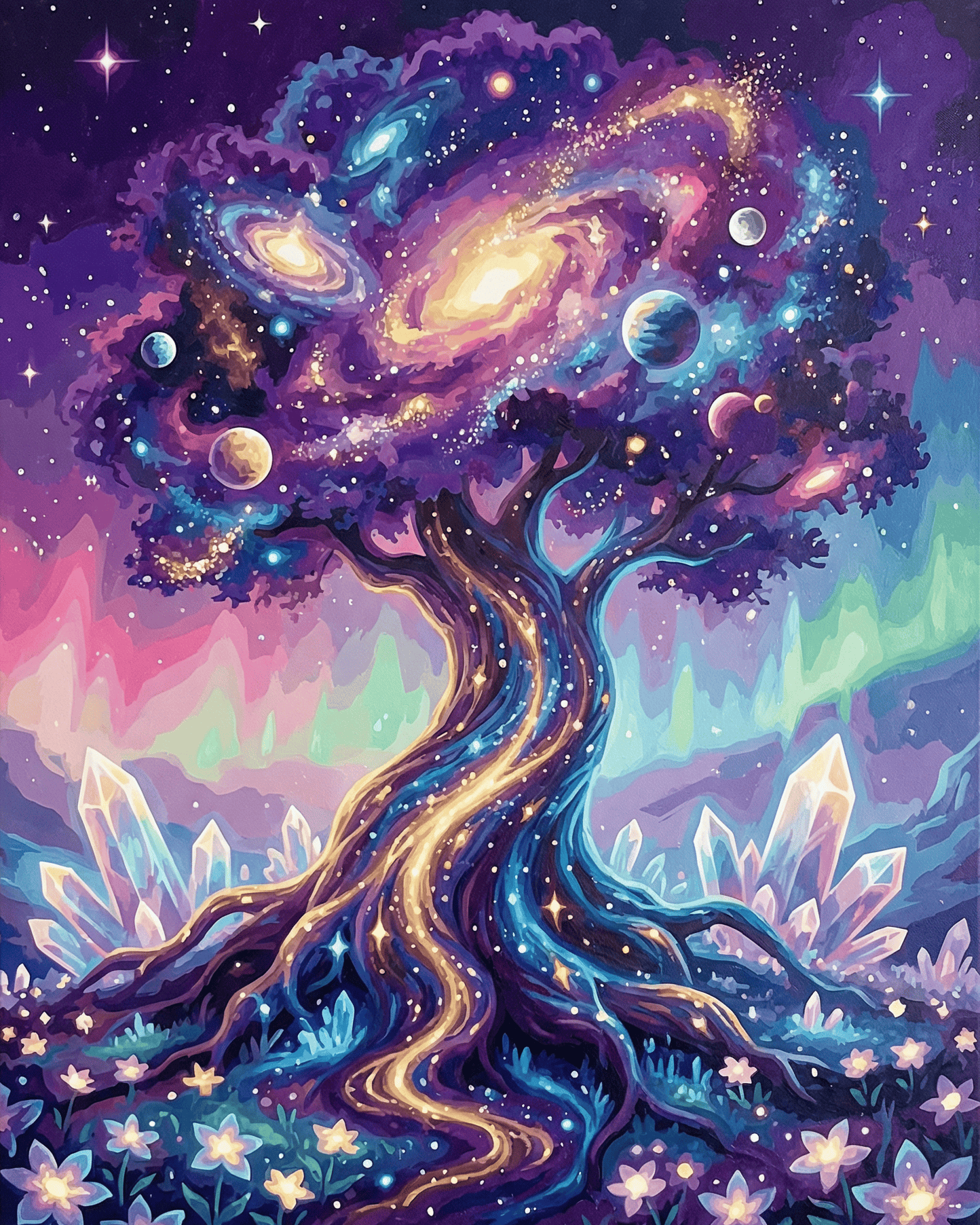 Tree of life with cosmic elements and crystals on a white background