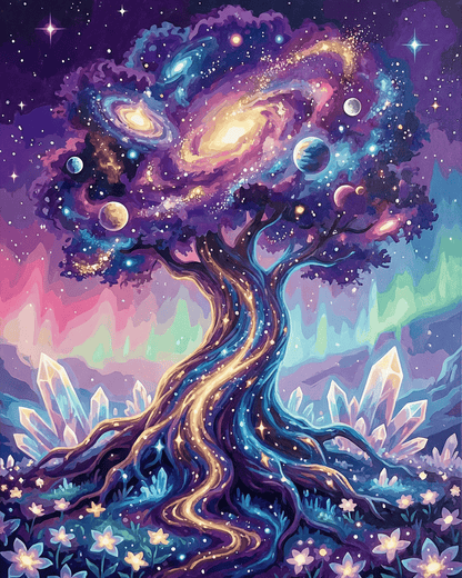 Tree of life with cosmic elements and crystals on a white background
