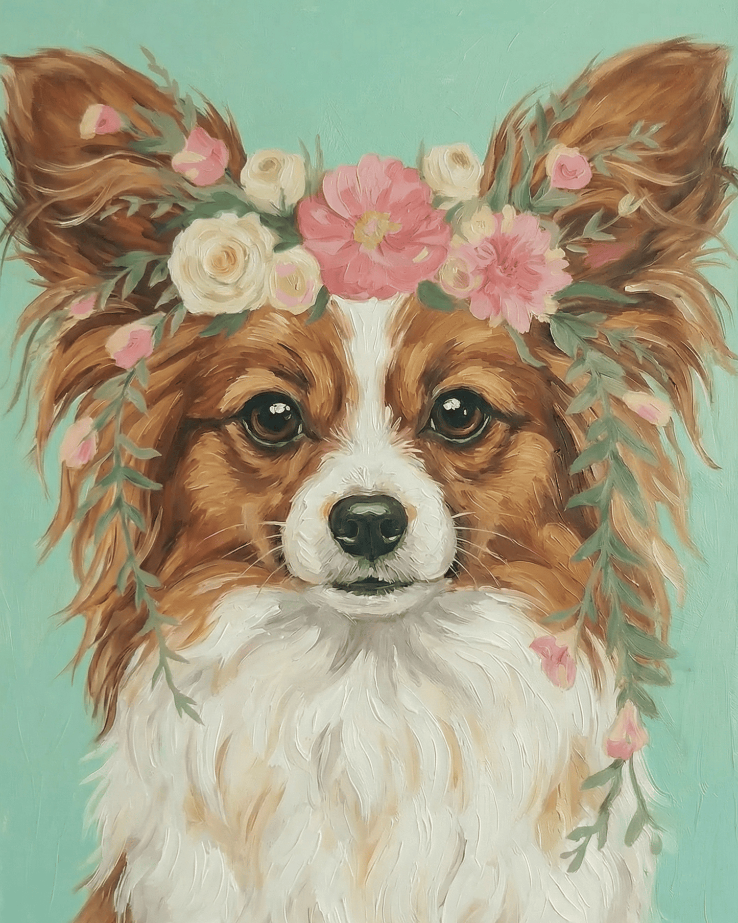 Illustration of a papillon with floral crown on a light blue background