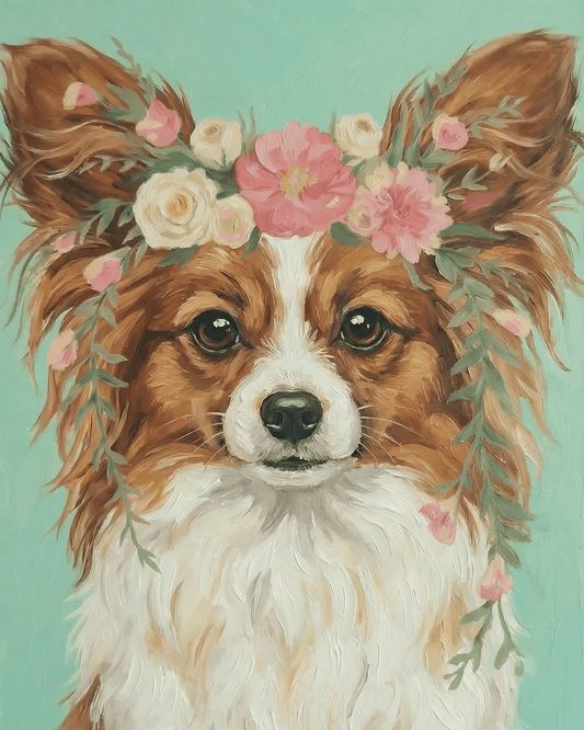 Illustration of a papillon with floral crown on a light blue background