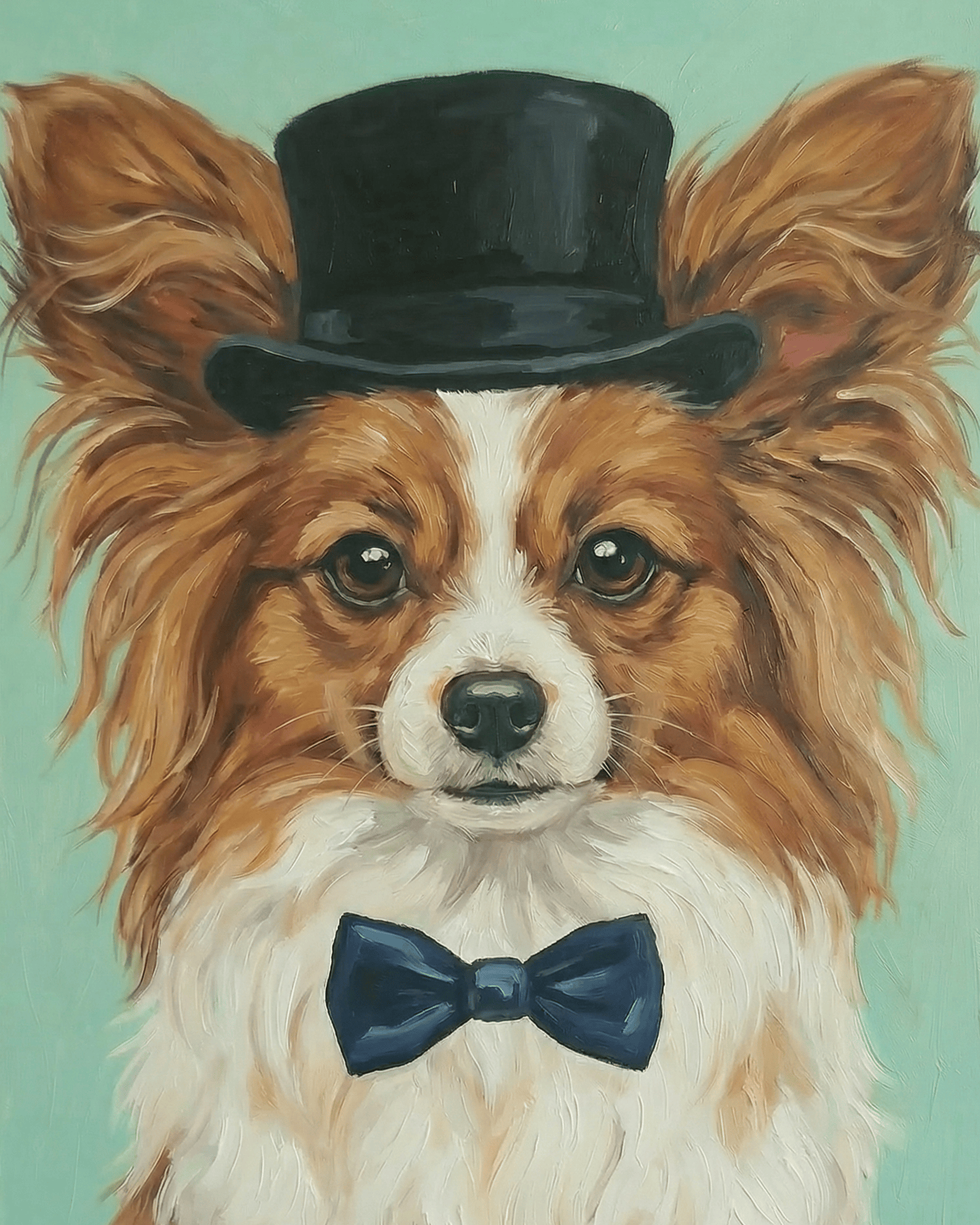 Illustration of a papillon wearing a top hat and bow tie on a teal background