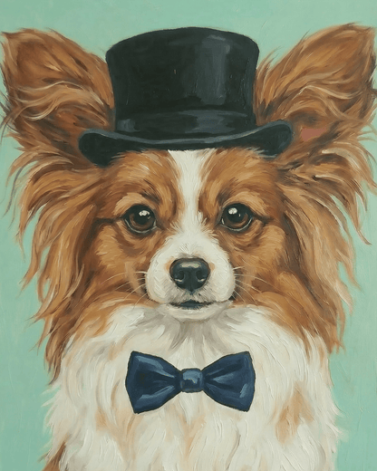 Illustration of a papillon wearing a top hat and bow tie on a teal background