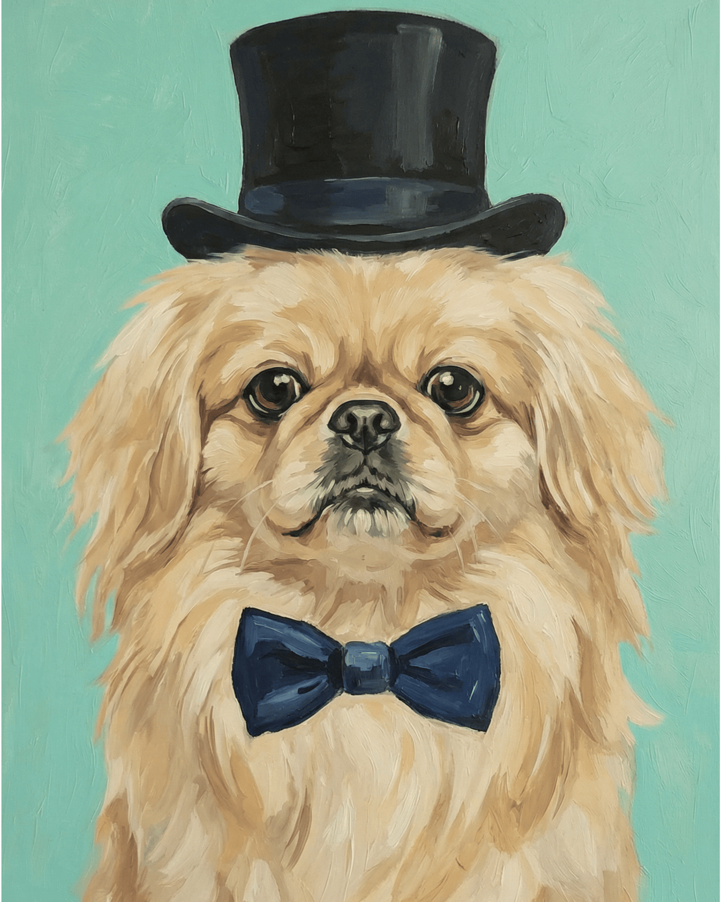 Dog wearing a top hat and bow tie on a teal background