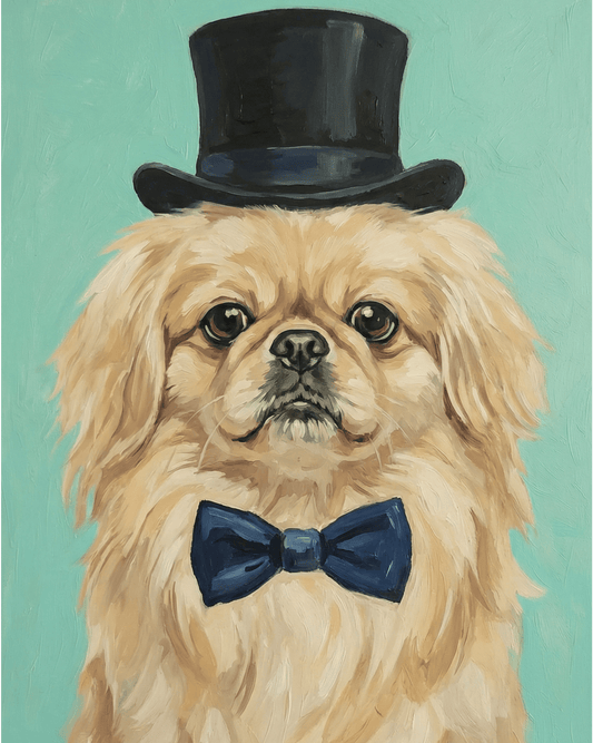 Dog wearing a top hat and bow tie on a teal background