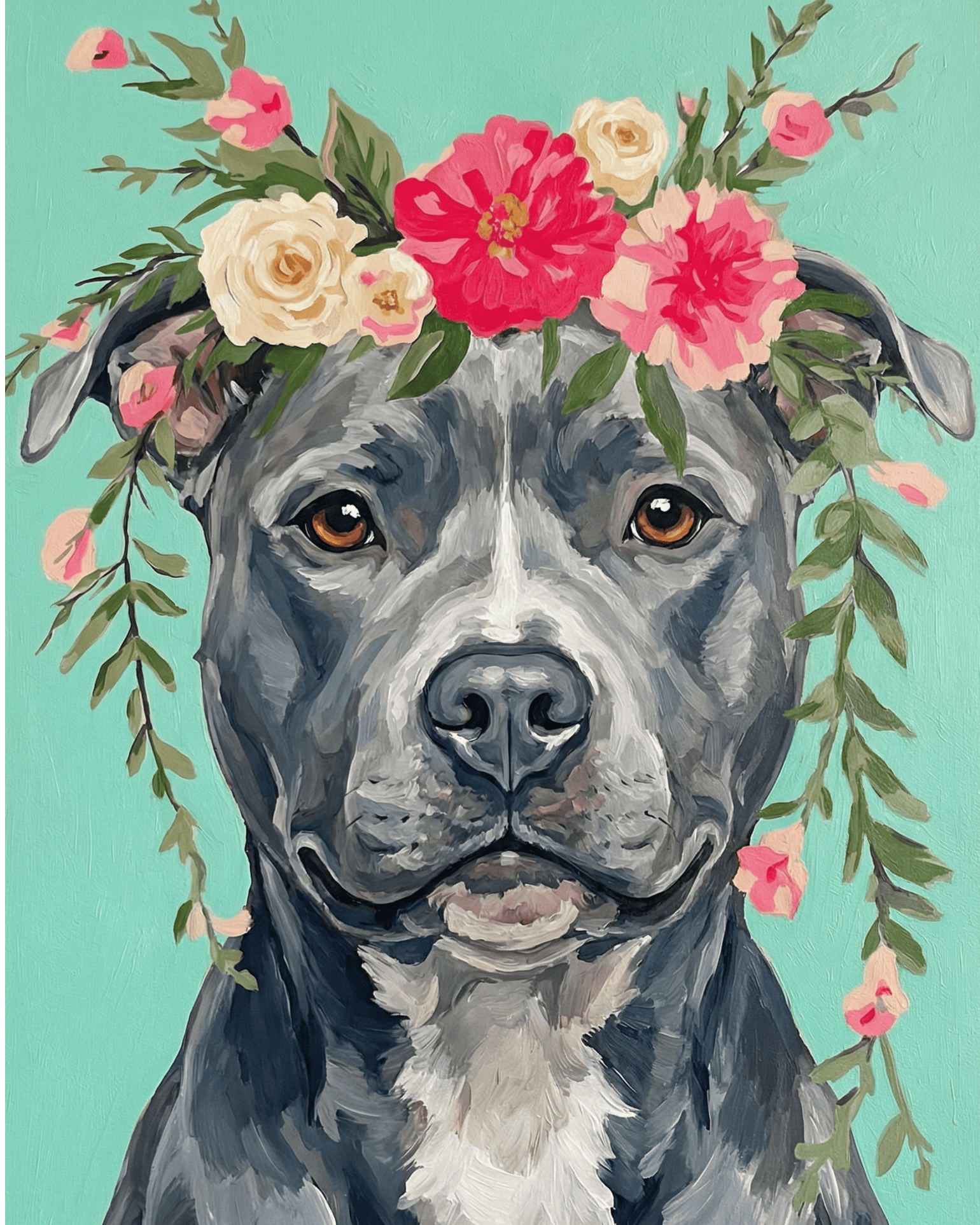 Illustration of a dog with a floral crown on a teal background