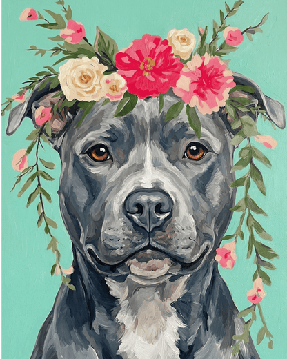 Illustration of a dog with a floral crown on a teal background