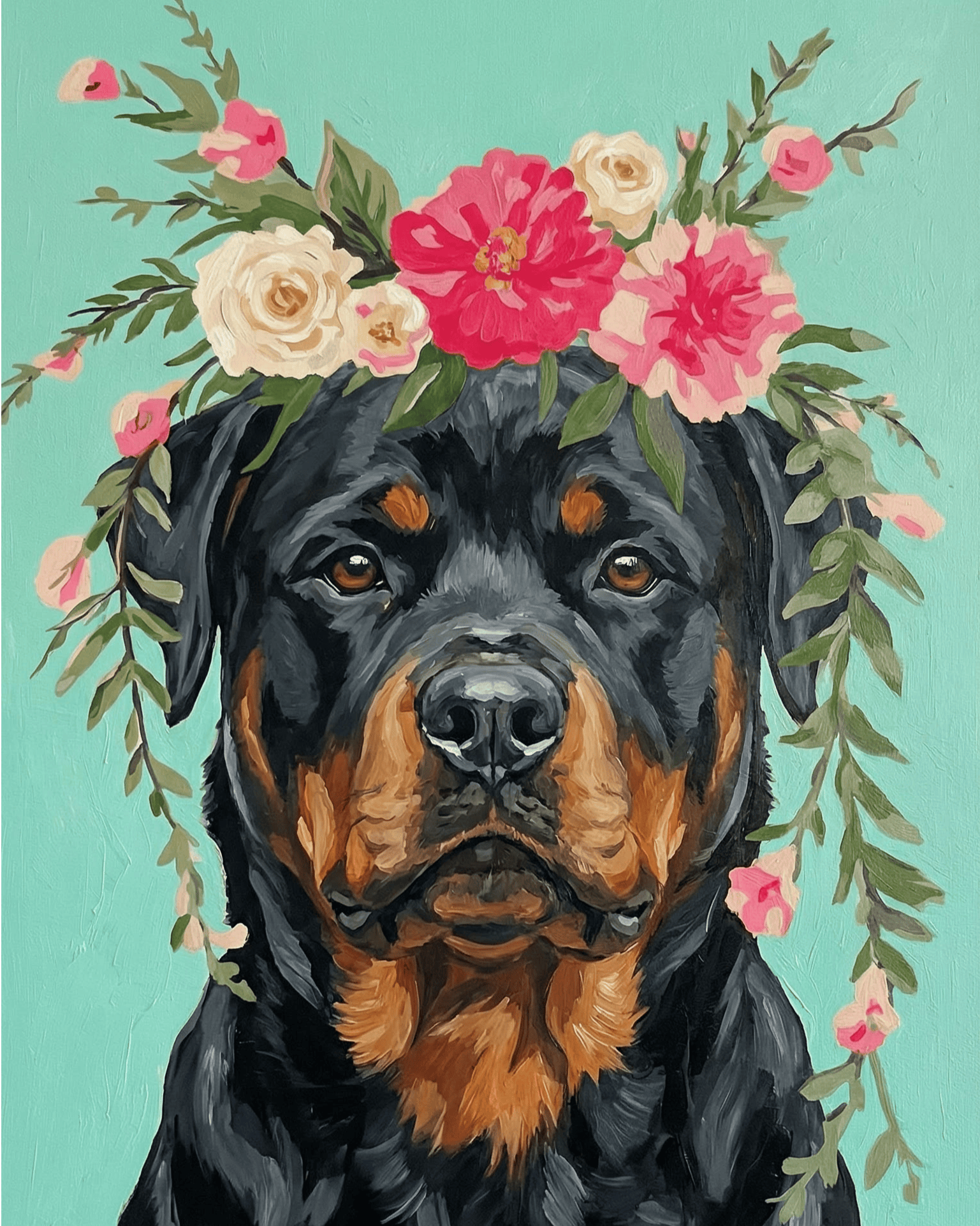 Rottweiler dog with floral crown on a teal background
