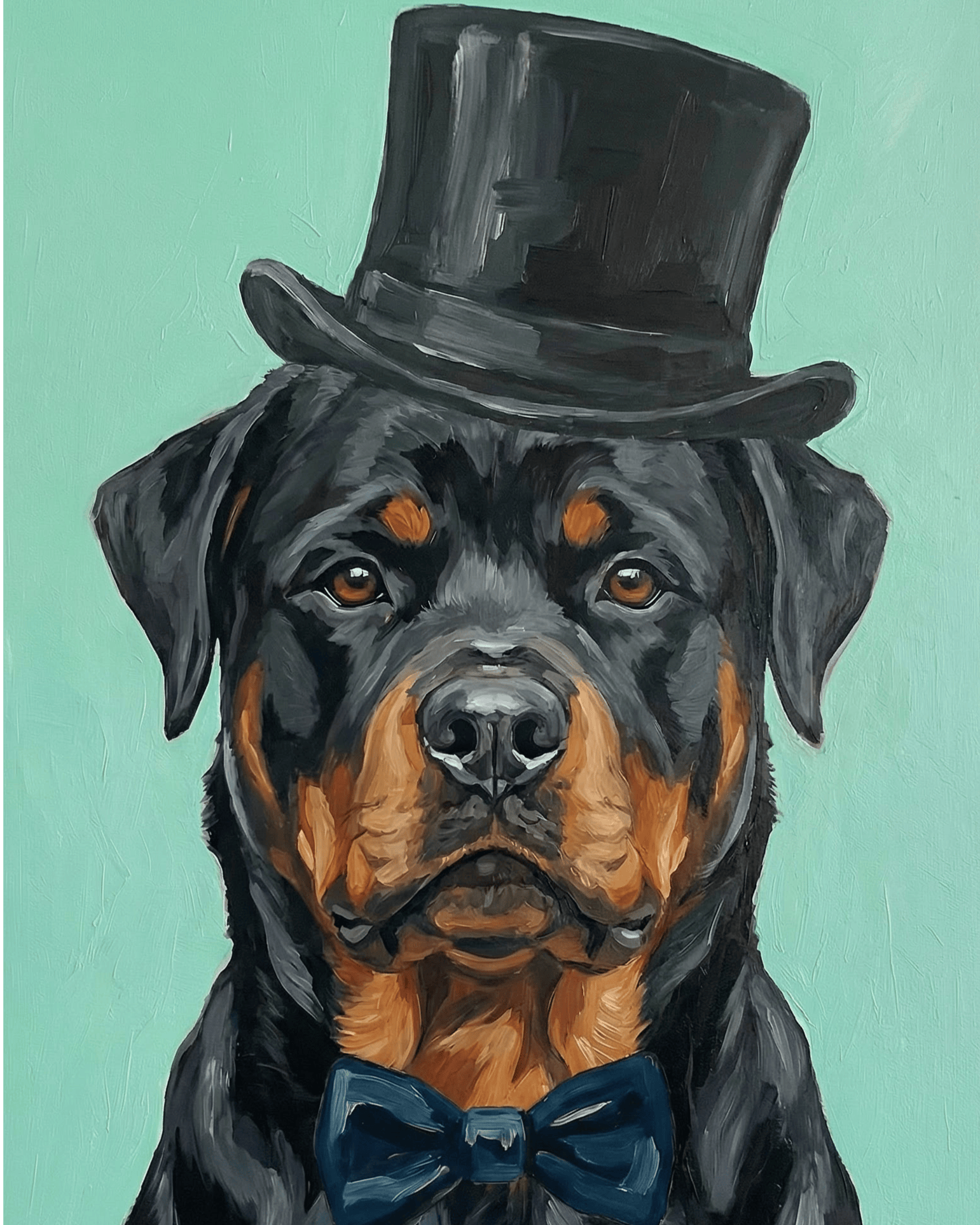 Painting of a Rottweiler wearing a top hat and bow tie on a teal background