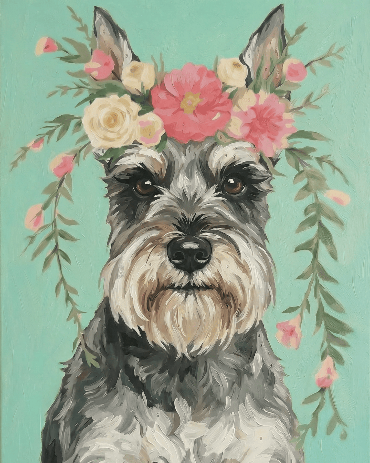 Painting of a schnauzer with floral crown on a teal background