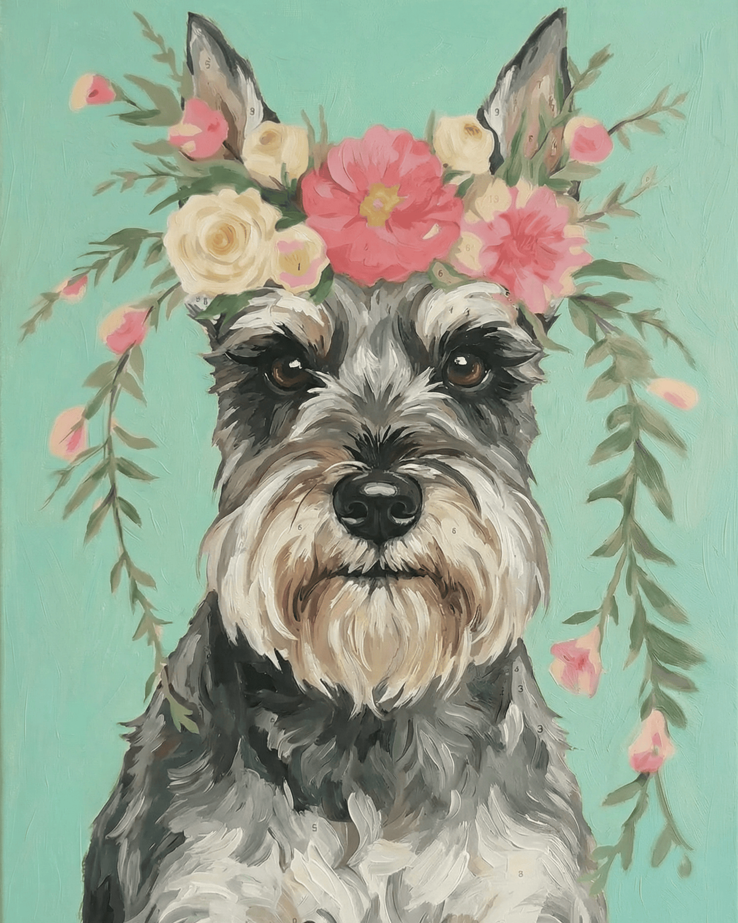Painting of a schnauzer with floral crown on a teal background