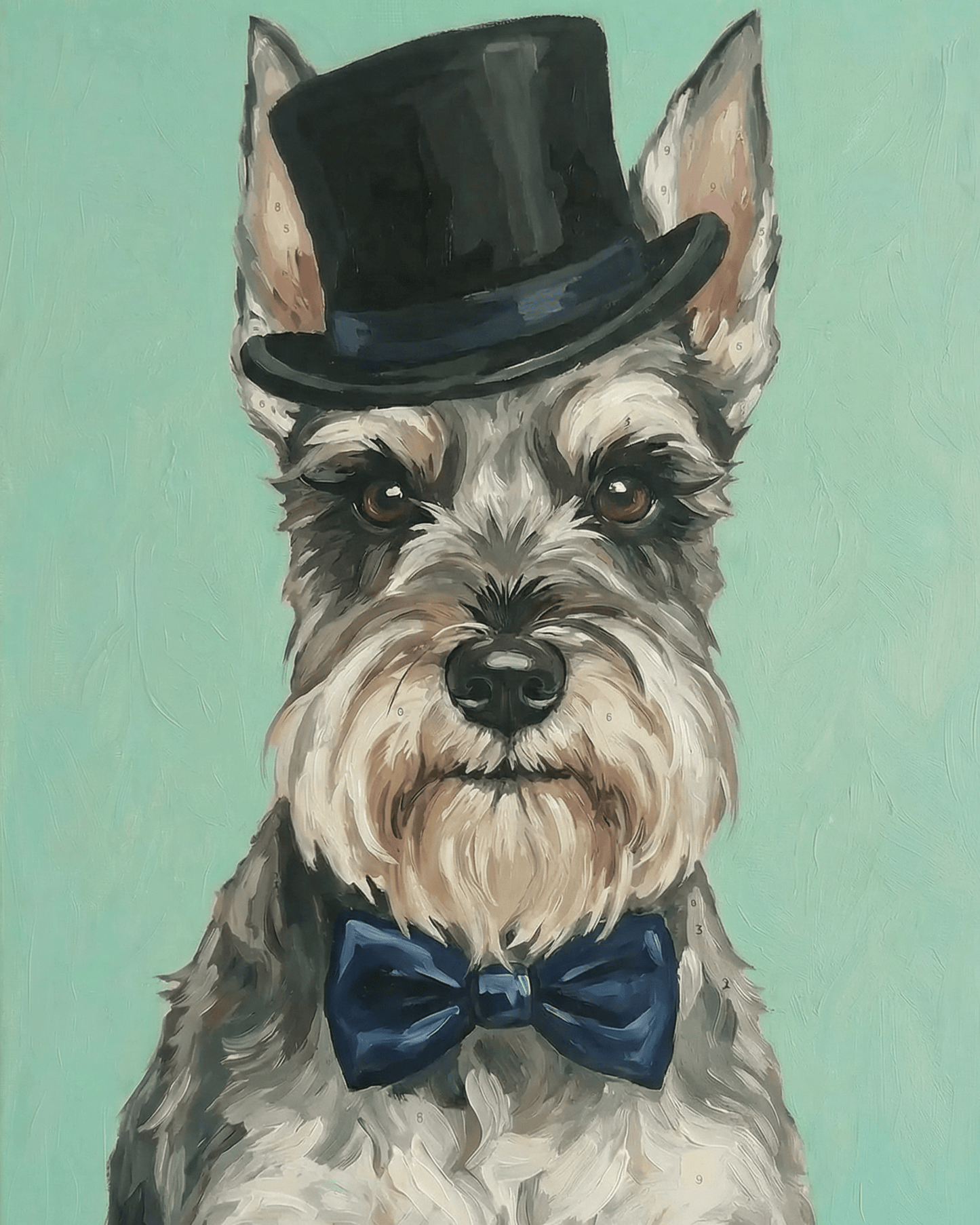 Painting of a schnauzer wearing a black top hat and blue bow tie on a teal background