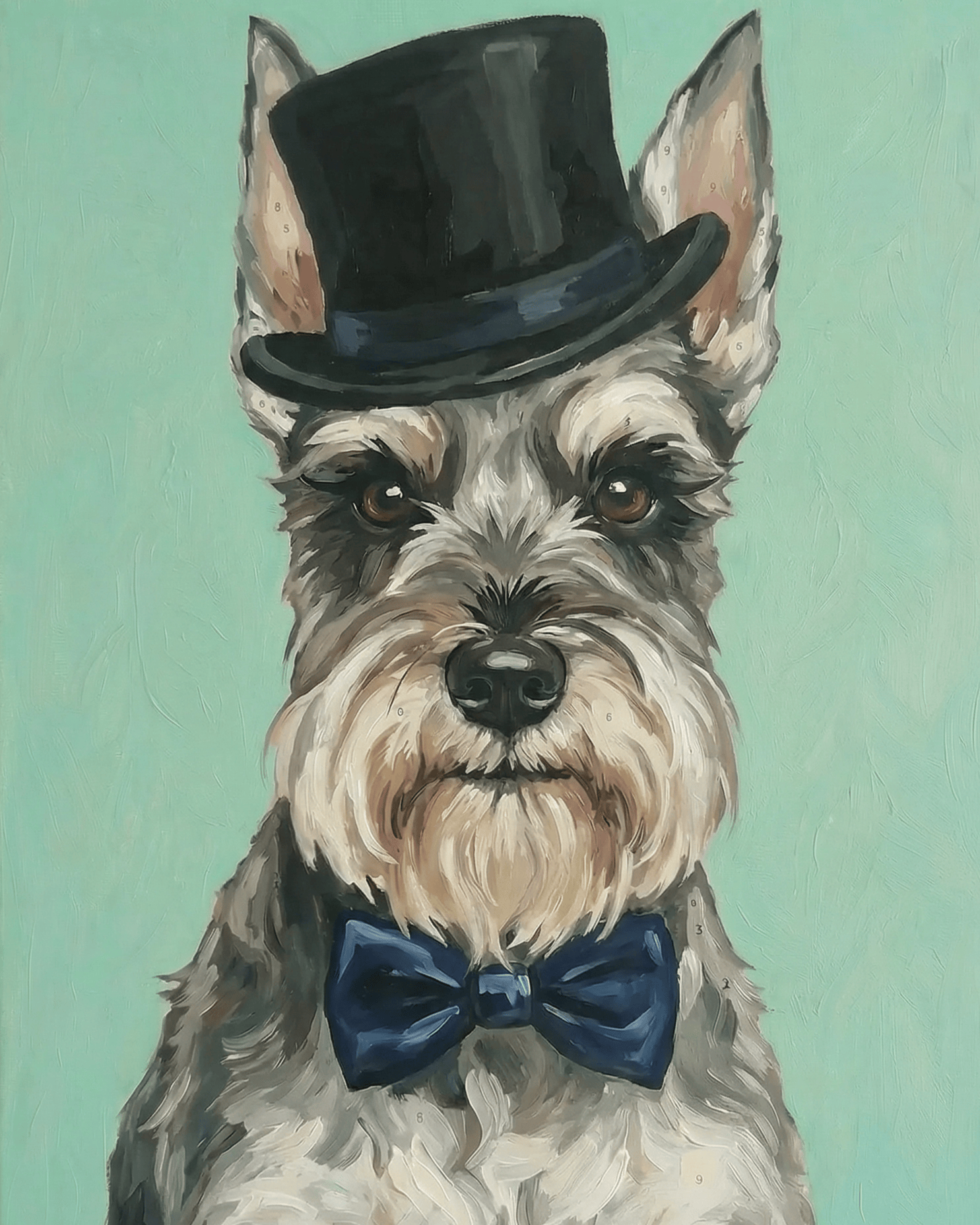 Painting of a schnauzer wearing a black top hat and blue bow tie on a teal background