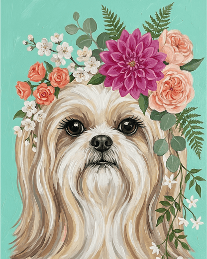 Dog Shih Tzu with floral crown on a teal background