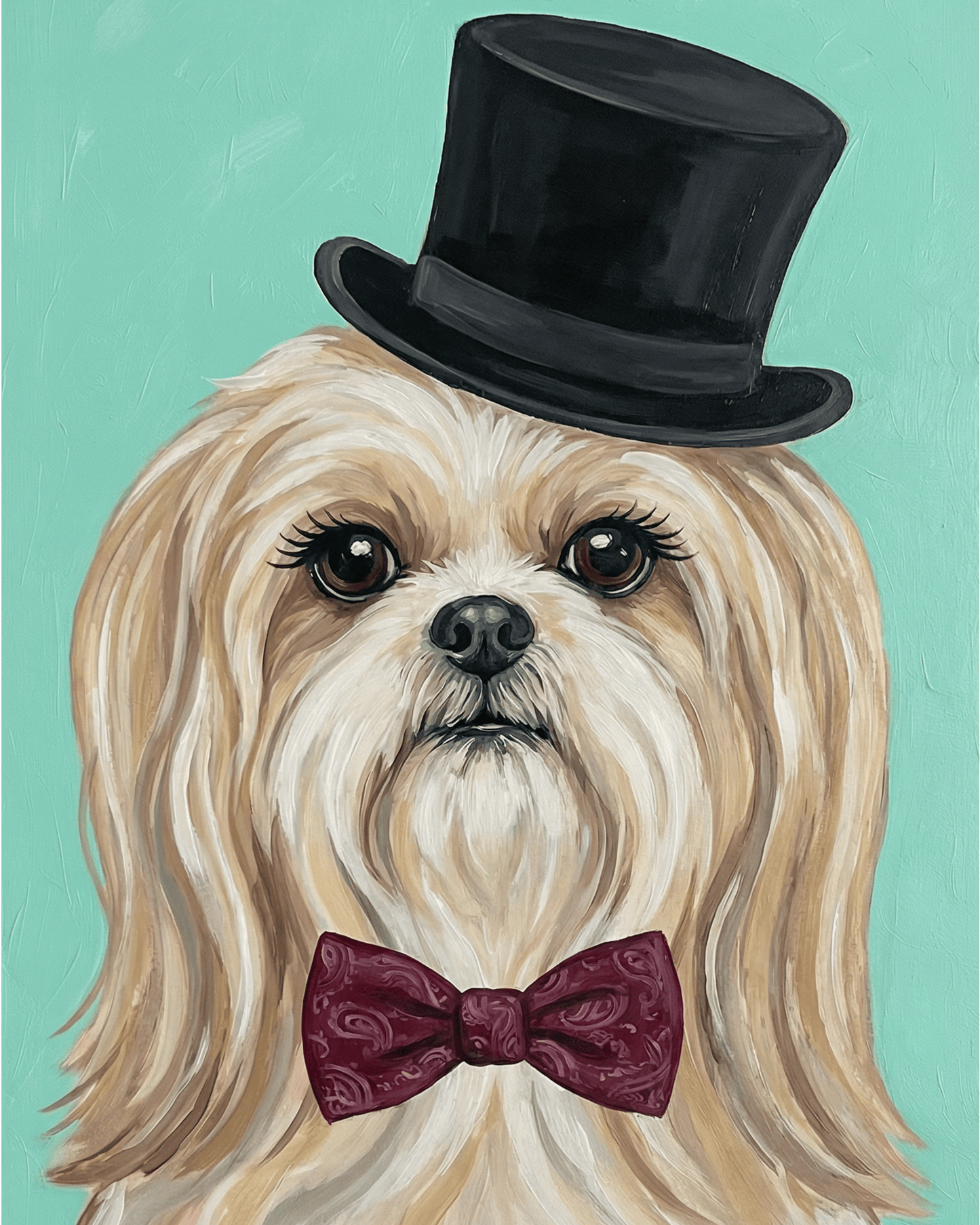 Dog Shih Tzu wearing a black top hat and red bow tie on a teal background