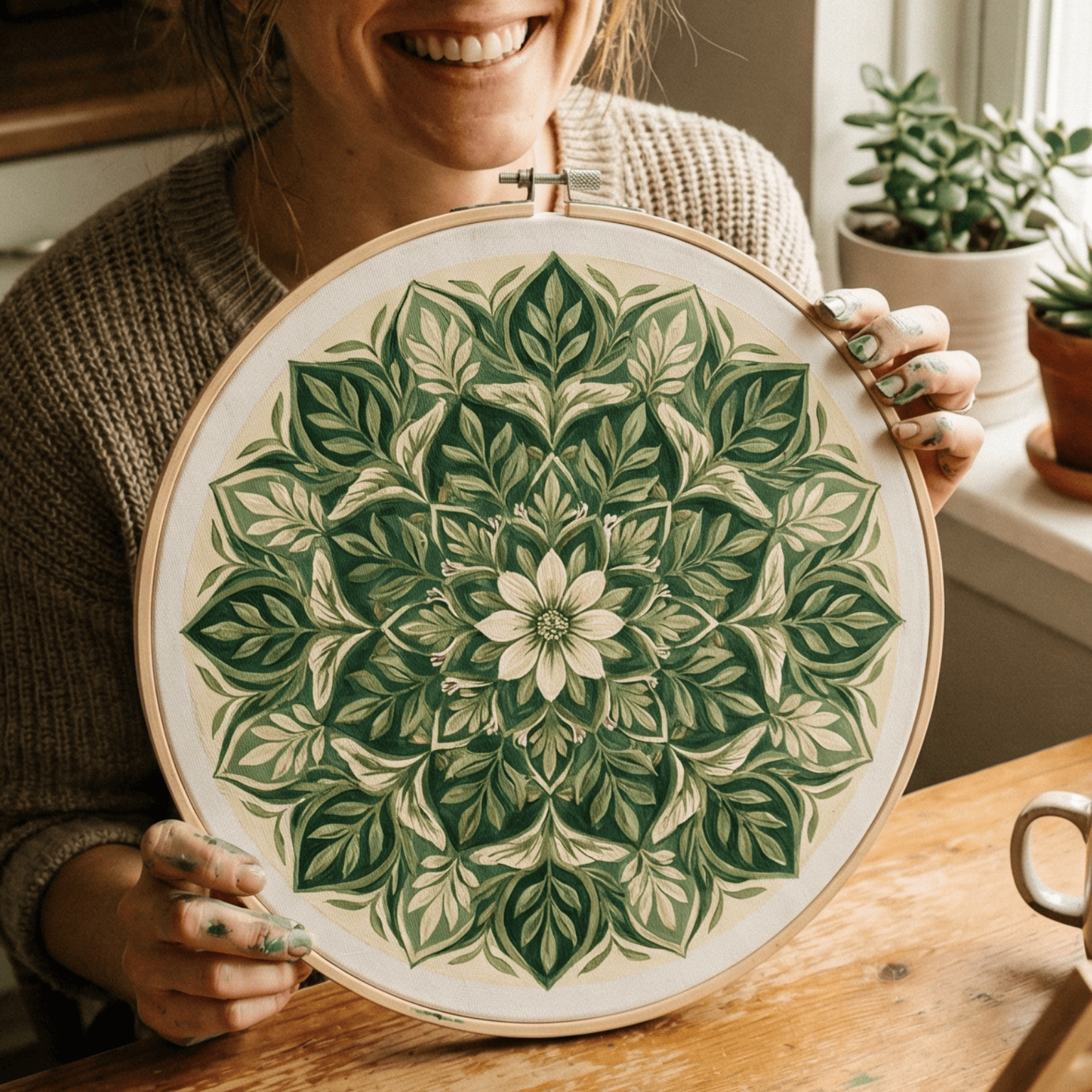 Woman holding a mandala design on an embroidery hoop in a home setting.