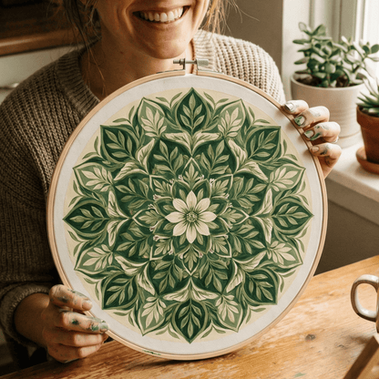 Woman holding a mandala design on an embroidery hoop in a home setting.
