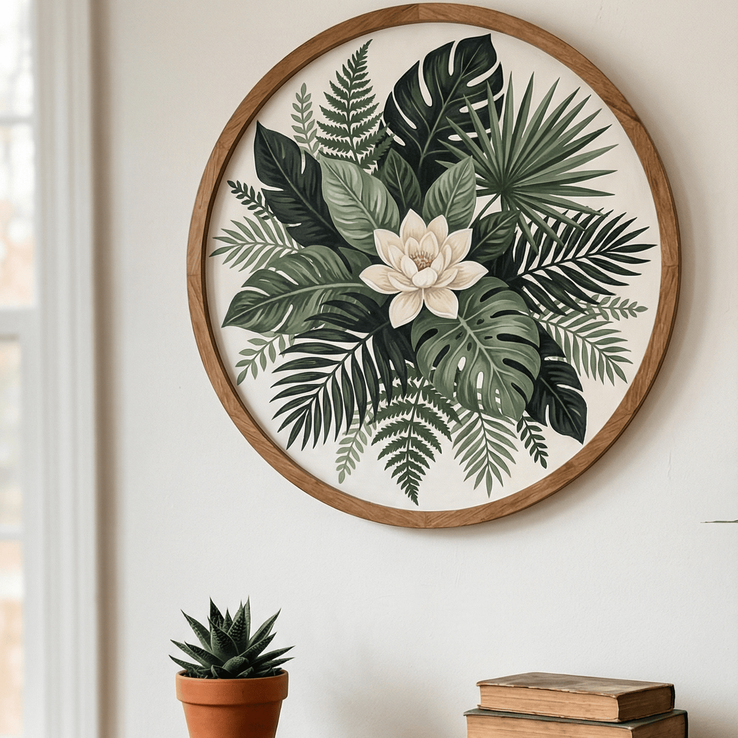 Decorative mandala paint by numbers kit with floral design on a wall, accompanied by books and a plant.